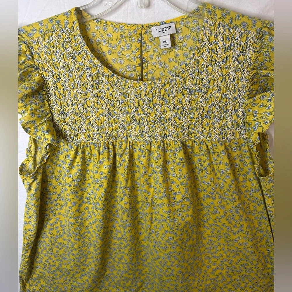 J.Crew XL Yellow Floral Smocked Top Ruffle Sleeve Peplum Blouse - Picture 3 of 7